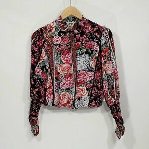 JAASE  Colorful Floral Zipfront Cropped Jacket  Ruched Sleeves  Women's Size XS